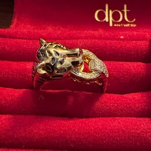 Gold Tone Panther Ring with Crystal Accents